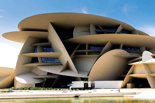 The National Museum of Qatar in Doha. Designed by French architect Jean Nouvel, it is inspired by the desert rose sand crystal formations found in Qatar