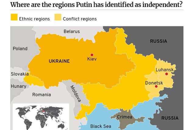 The map shows the parts Russia claims are independent.
