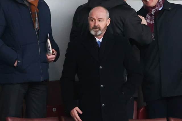 Scotland National Team Manager Steve Clarke is pictured in the stands during a Cinch Premiership match between St. Mirren and Hearts of Midlothian at SMiSA Stadium, on February 26, in Paisley, Scotland.  (Photo by Alan Harvey / SNS Group)