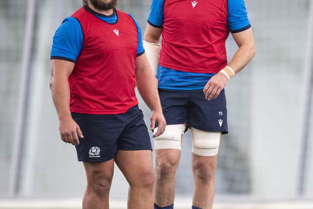 Pierre Schoeman and Grant Gilchrist during a Scotland training session at Oriam. (Photo by Ross MacDonald / SNS Group)