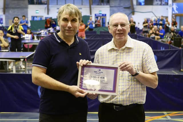 Long-serving Murrayfield president Lindsay Muir, left, receiving Honorary Life Membership of Table Tennis Scotland from the governing body’s Stewart McGowan. Picture: Gordon Muir