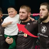Hasbulla Magomedov and legendary pro MMA fighter Khabib Nurmagomedov celebrate in the Octagon after a UFC 267 event in the UAE in 2021.