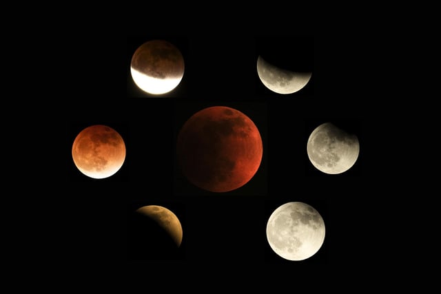 This combination of photos shows the moon in various stages of a total lunar eclipse during the first blood moon of the year in Temple City, California (AP Photo/Ringo H.W. Chiu)