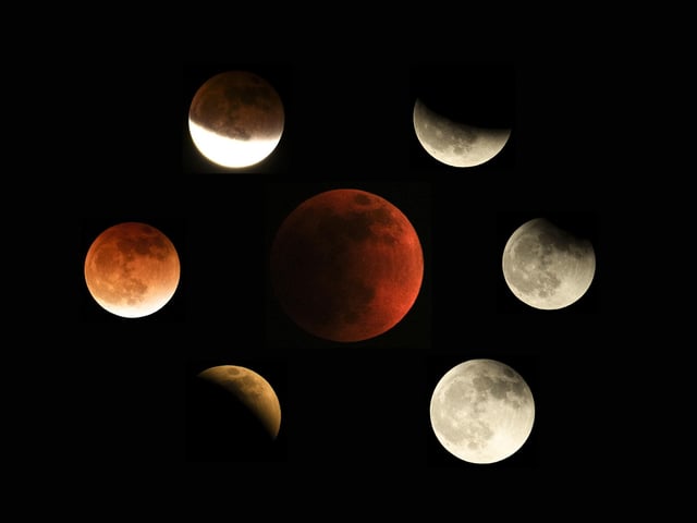 This combination of photos shows the moon in various stages of a total lunar eclipse during the first blood moon of the year in Temple City, California (AP Photo/Ringo H.W. Chiu)