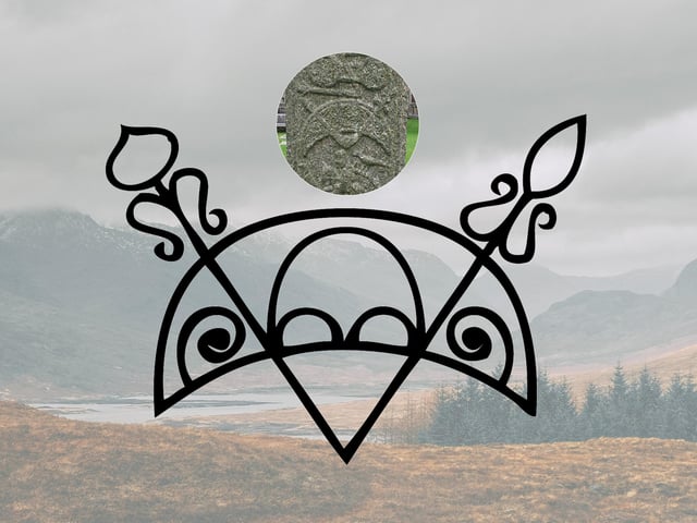 The Crescent V-rod is another Pictish symbol which appears commonly on stones. The crescent component is thought to represent the sun or the moon; a skyward view. The ‘V’ is said to be composed of arrows, one pointing downwards and another upwards, it has been suggested that it represents the arrival of a soul at birth and its return upon death. A stone featuring this design can be found in the Orkney museum.