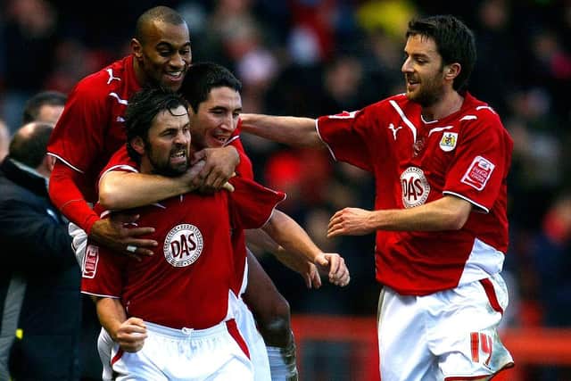 Paul Hartley  celebrates scoring Bristol City's second goal against Watford at Ashton Gate  in 2009. (Photo by Tom Dulat/Getty Images)