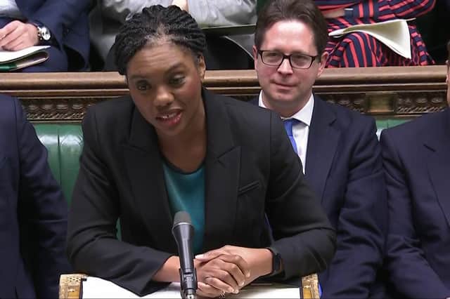 The Tory leader Kemi Badenoch in Parliament with her 'policy brain' and Northern Ireland spokesman Alex Burghart. Picture: House of Commons/UK Parliament/PA Wire