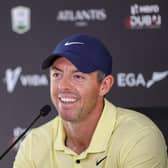 Defending champion Rory McIlroy talks to the media prior to the Hero Dubai Desert Classic at Emirates Golf Club. Picture: Luke Walker/Getty Images.
