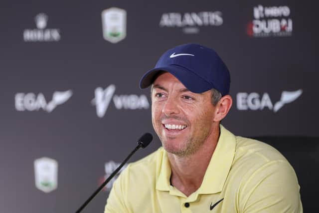 Defending champion Rory McIlroy talks to the media prior to the Hero Dubai Desert Classic at Emirates Golf Club. Picture: Luke Walker/Getty Images.