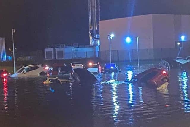 Cars at the car parks at Victoria Hospital were submerged in water after the thunderstorms. Pic: Annie Blair.