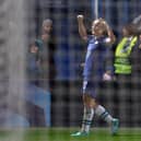 Erin Cuthbert of Chelsea FC Women celebrates after scoring their team's 2nd goal during the UEFA Women's Champions League group A match between Chelsea FC and Real Madrid.(Photo by Warren Little/Getty Images)
