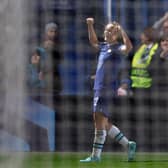 Erin Cuthbert of Chelsea FC Women celebrates after scoring their team's 2nd goal during the UEFA Women's Champions League group A match between Chelsea FC and Real Madrid.(Photo by Warren Little/Getty Images)