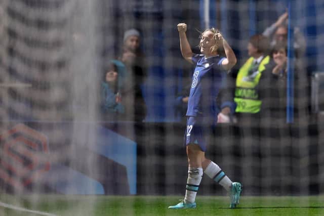 Erin Cuthbert of Chelsea FC Women celebrates after scoring their team's 2nd goal during the UEFA Women's Champions League group A match between Chelsea FC and Real Madrid.(Photo by Warren Little/Getty Images)