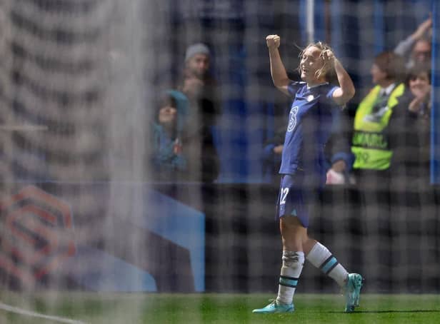 Erin Cuthbert of Chelsea FC Women celebrates after scoring their team's 2nd goal during the UEFA Women's Champions League group A match between Chelsea FC and Real Madrid.(Photo by Warren Little/Getty Images)