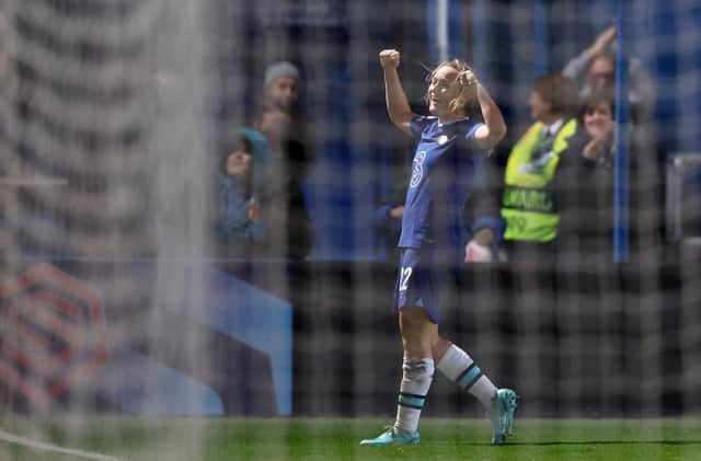 Erin Cuthbert of Chelsea FC Women celebrates after scoring their team's 2nd goal during the UEFA Women's Champions League group A match between Chelsea FC and Real Madrid.(Photo by Warren Little/Getty Images)