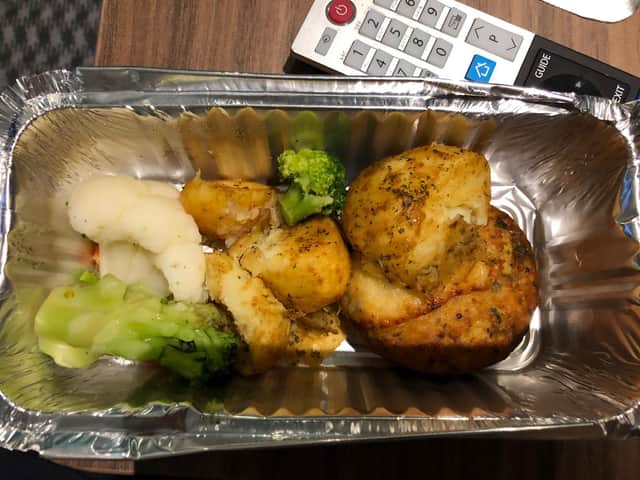 Chris was disappointed with the haddock and salmon fishcake and vegetables served for dinner.