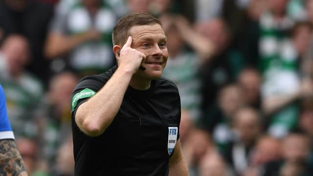 Referee John Beaton used his head to keep a firm grip on derby proceedings as Celtic Park yesterday.  (Photo by Craig Foy / SNS Group)