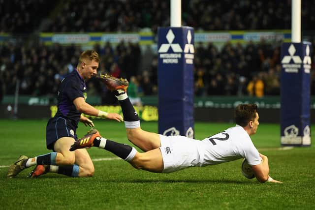 Cameron Redpath, playing for England, scores a try against Scotland during the 2019 Under-20 Six Nations Championship match at Franklin's Gardens. Picture: Shaun Botterill/Getty Images