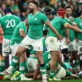 Ireland centre Robbie Henshaw celebrates the victory at the end of the Rugby World Cup Pool B match against South Africa at the Stade de France. (Photo by FRANCK FIFE/AFP via Getty Images)