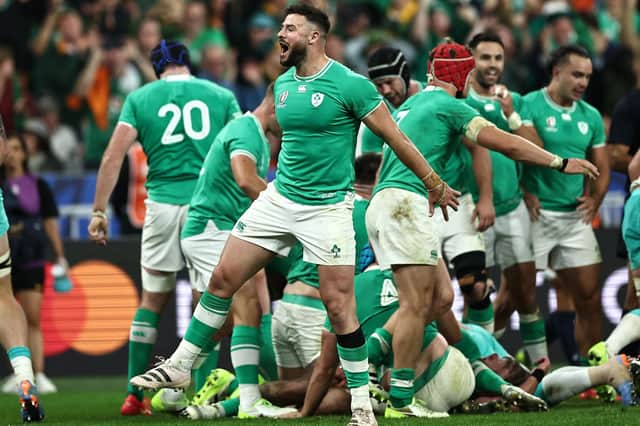 Ireland centre Robbie Henshaw celebrates the victory at the end of the Rugby World Cup Pool B match against South Africa at the Stade de France. (Photo by FRANCK FIFE/AFP via Getty Images)