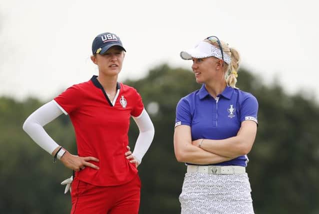 Nelly Korda and Madelene Sagstrom during the foursomes on day one of the Solheim Cup. Picture: Maddie Meyer/Getty Images.