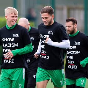 Hibs' Josh Doig and Jamie Gullan (right) during training. Photo by Paul Devlin / SNS Group