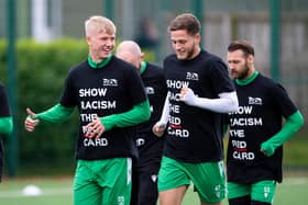 Hibs' Josh Doig and Jamie Gullan (right) during training. Photo by Paul Devlin / SNS Group