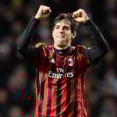 Former Milan star Kaka celebrates after heading his side into an early lead in a 2013 game at Celtic Park. Picture: SNS