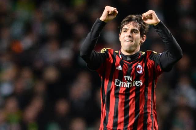 Former Milan star Kaka celebrates after heading his side into an early lead in a 2013 game at Celtic Park. Picture: SNS