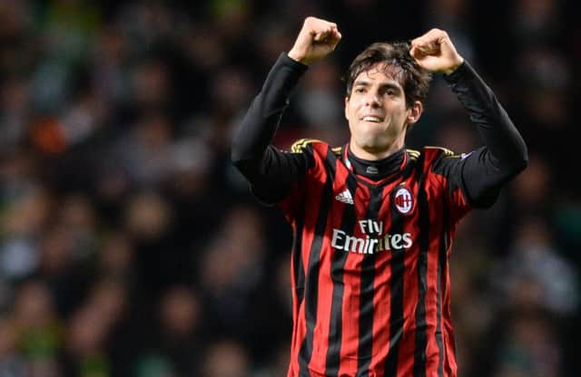 Former Milan star Kaka celebrates after heading his side into an early lead in a 2013 game at Celtic Park. Picture: SNS