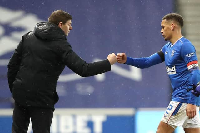 Rangers manager Steven Gerrard congratulates captain James Tavernier. (Photo by Ian MacNicol/Getty Images)