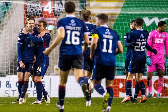 Ross County's Oli Shaw celebrates after scoring against his former club to wrap up a 2-0 victory over Hibs at Easter Road. Photo by Ross Parker / SNS Group