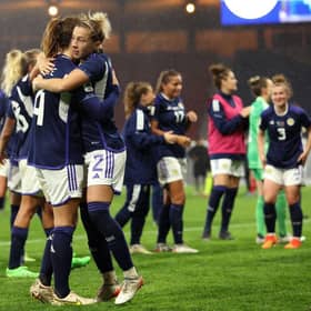 The Scotland team celebrate after the final whistle of the 2023 FIFA Women's World Cup play-off round 1 match between Scotland and Austria at Hampden Park. (Photo by Ian MacNicol/Getty Images)