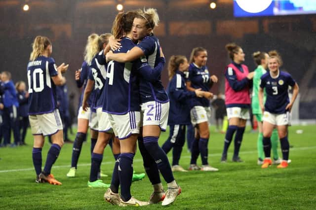 The Scotland team celebrate after the final whistle of the 2023 FIFA Women's World Cup play-off round 1 match between Scotland and Austria at Hampden Park. (Photo by Ian MacNicol/Getty Images)