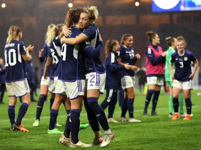 The Scotland team celebrate after the final whistle of the 2023 FIFA Women's World Cup play-off round 1 match between Scotland and Austria at Hampden Park. (Photo by Ian MacNicol/Getty Images)