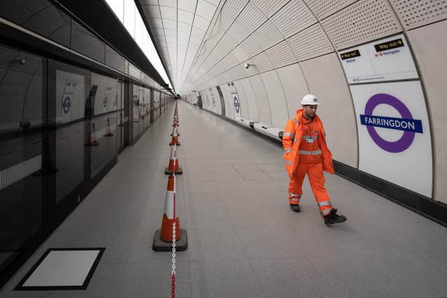 A Merson Group station sign on one of Farringdon's 300m (984ft) long Elizabeth line platforms. Picture: Leon Neal/Getty Images