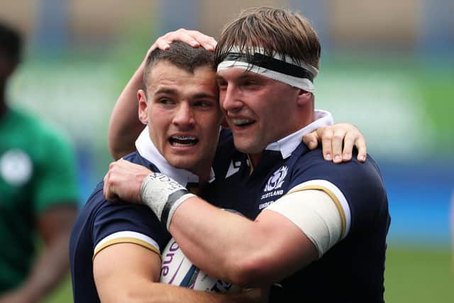 Scotland's Elliot Gourlay, left, celebrates with Ben Muncaster after scoring his side's try against Ireland the Under-20 Six Nations. Picture: Bradley Collyer/PA Wire