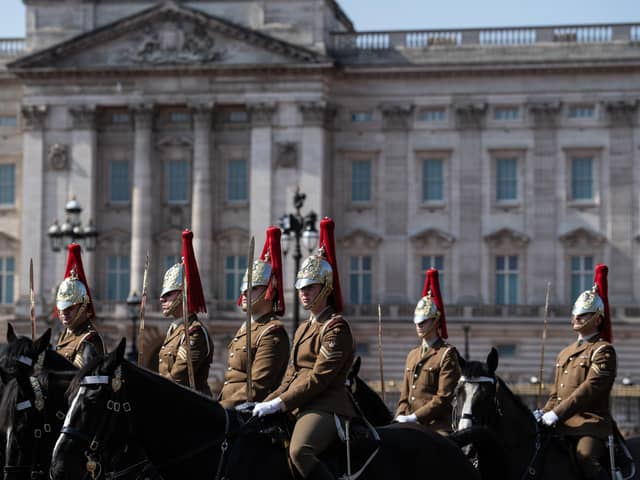 Members of the Household Cavalry take part in a rehearsal at Buckingham Palace for the Coronation of King Charles III and The Queen Consort which will take place on May 6 2023. Picture: Getty Images)