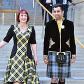 In 2016, as a youthful Humza Yousaf, seen with fellow MSP Angela Constance, was sworn in at the Scottish Parliament in an outfit nodding to his dual heritage as a Scottish Pakistani (Picture: Jeff J Mitchell/Getty Images)