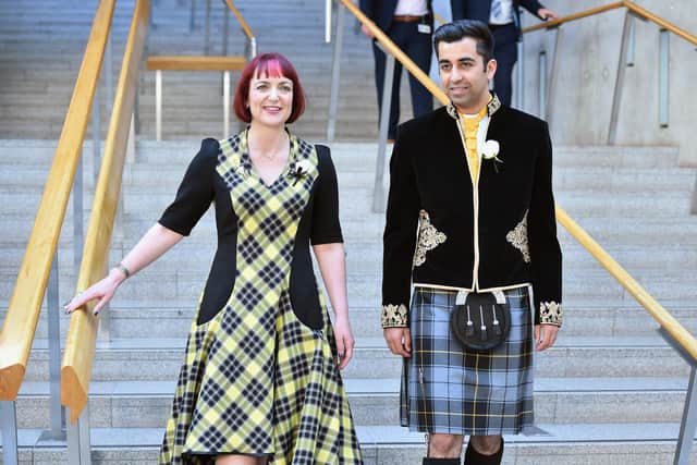 In 2016, as a youthful Humza Yousaf, seen with fellow MSP Angela Constance, was sworn in at the Scottish Parliament in an outfit nodding to his dual heritage as a Scottish Pakistani (Picture: Jeff J Mitchell/Getty Images)