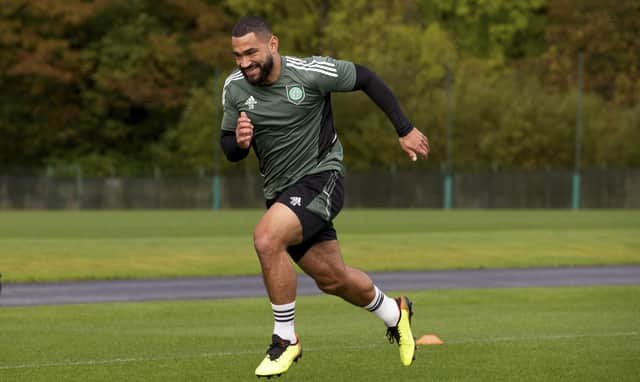 Celtic defender Cameron Carter-Vickers gears up for the visit of Hibs during training.