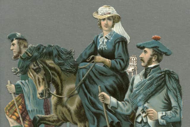 Diecut relief scrap of "The Queen and Prince Albert touring in the Highlands, summer 1860 accompanied by the gillie John Brown