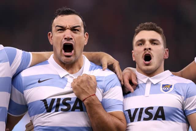 Agustin Creevy, left, is fired up by the Argentina anthem prior to the match against Wales. (Photo by Ryan Hiscott/Getty Images)