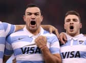 Agustin Creevy, left, is fired up by the Argentina anthem prior to the match against Wales. (Photo by Ryan Hiscott/Getty Images)