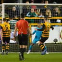 Celtic's Giorgos Giakoumakis makes it 1-0 during the ultimately uncomfortable 2-1 win over Alloa in their Scottish Cup fourth round encounter.  (Photo by Craig Foy / SNS Group)