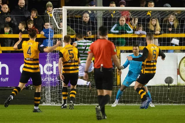 Celtic's Giorgos Giakoumakis makes it 1-0 during the ultimately uncomfortable 2-1 win over Alloa in their Scottish Cup fourth round encounter. (Photo by Craig Foy / SNS Group)