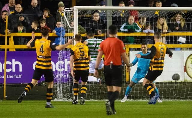 Celtic's Giorgos Giakoumakis makes it 1-0 during the ultimately uncomfortable 2-1 win over Alloa in their Scottish Cup fourth round encounter. (Photo by Craig Foy / SNS Group)