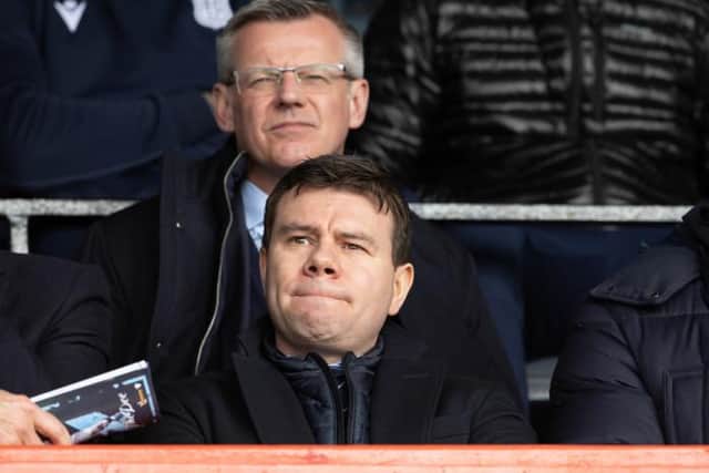Rangers managing director Stewart Robertson (top) and sporting director Ross Wilson look on from the Main Stand at Dens Park on Sunday. (Photo by Alan Harvey / SNS Group)