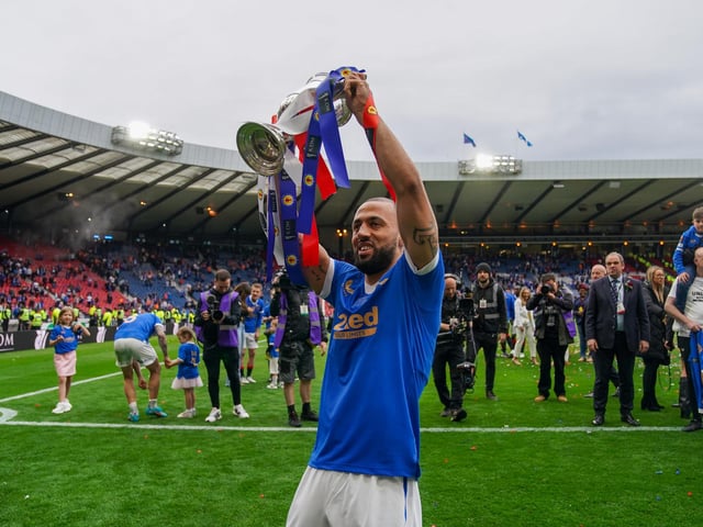Rangers’ Kemar Roofe celebrates with the Scottish Cup during the Scottish Cup final at Hampden Park, Glasgow. Picture date: Saturday May 21, 2022.