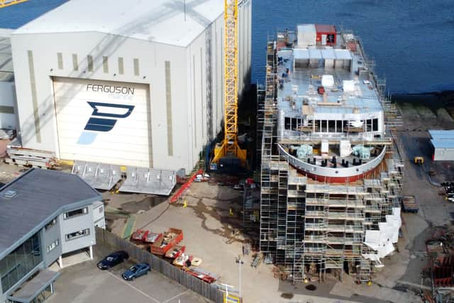 The upper part of hull 802 is now visible at the Ferguson Marine yard. Picture: John Devlin